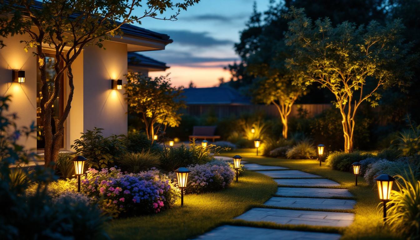 A photograph of a well-lit outdoor space showcasing various solar house lights in use during dusk