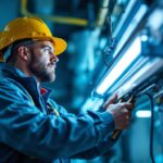 A photograph of a lighting contractor working on installing or replacing a fluorescent light ballast