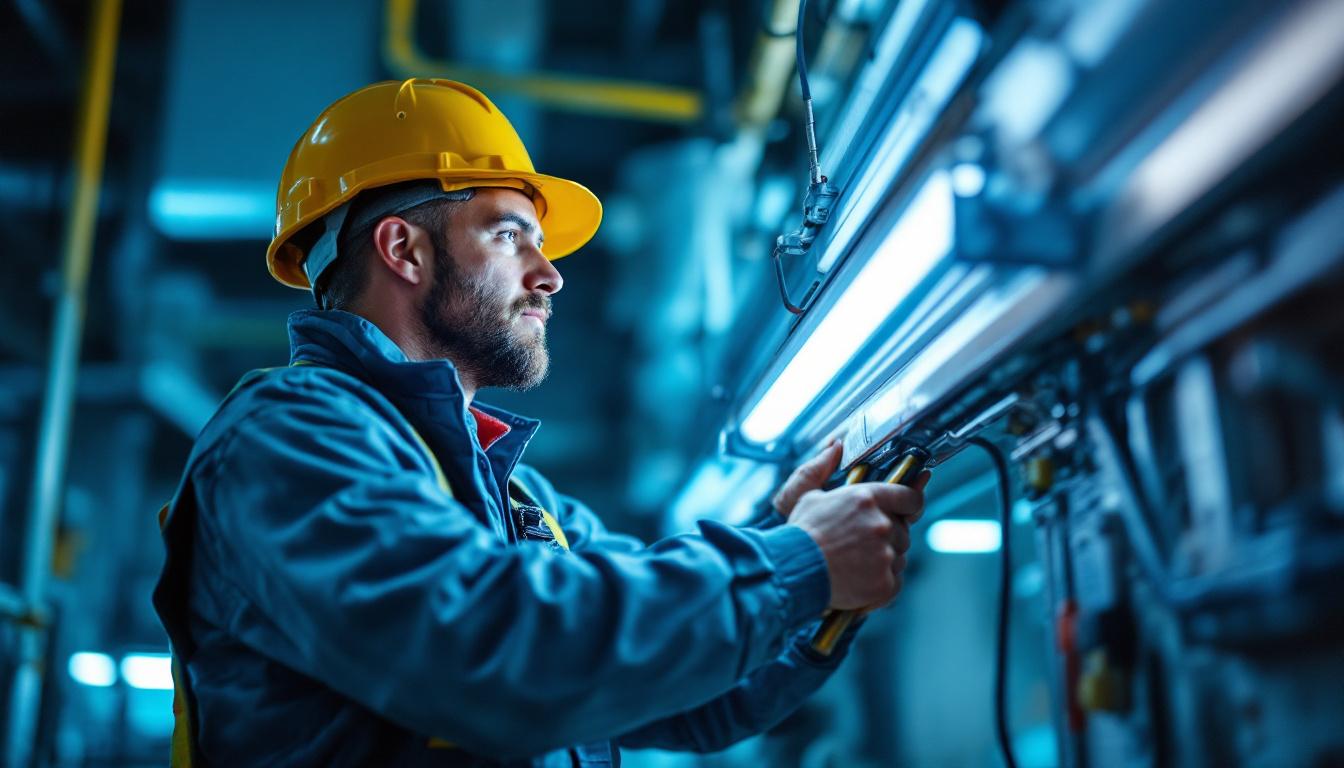 A photograph of a lighting contractor working on installing or replacing a fluorescent light ballast
