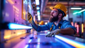 A photograph of a lighting contractor examining or installing ultraviolet fluorescent lights in a well-lit workspace