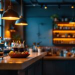 A photograph of a stylish coffee bar interior featuring warm