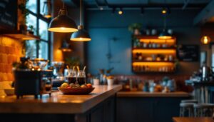 A photograph of a stylish coffee bar interior featuring warm