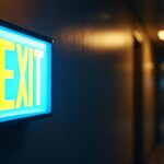 A photograph of a well-lit exit sign equipped with a battery backup