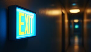 A photograph of a well-lit exit sign equipped with a battery backup