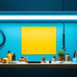 A photograph of a well-lit workspace featuring an 8 ft fluorescent light installation