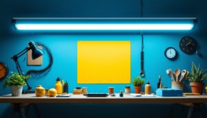 A photograph of a well-lit workspace featuring an 8 ft fluorescent light installation