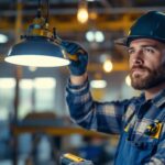 A photograph of a lighting contractor skillfully installing or adjusting shop lights in a commercial setting