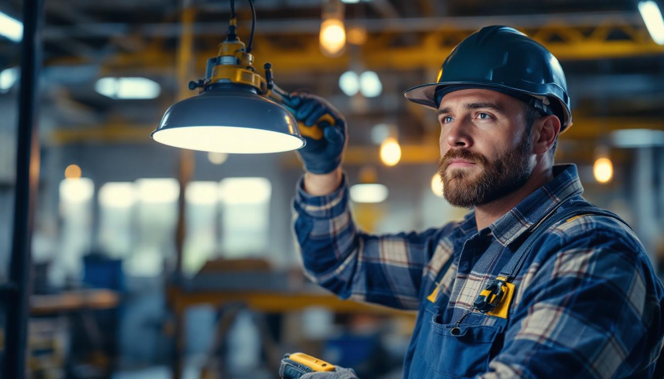 A photograph of a lighting contractor skillfully installing or adjusting shop lights in a commercial setting