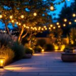 A photograph of a beautifully illuminated outdoor space featuring solar bulbs in various settings