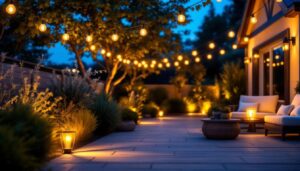 A photograph of a beautifully illuminated outdoor space featuring solar bulbs in various settings