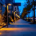 A photograph of a beautifully illuminated sidewalk at dusk