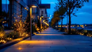 A photograph of a beautifully illuminated sidewalk at dusk