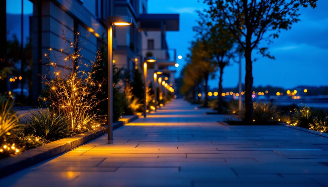 A photograph of a beautifully illuminated sidewalk at dusk