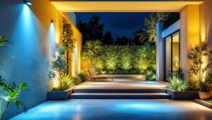 A photograph of a beautifully illuminated outdoor space featuring led flood light fixtures in action