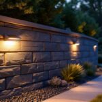 A photograph of a beautifully designed solar-powered retaining wall light illuminating a landscaped outdoor space at dusk