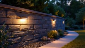 A photograph of a beautifully designed solar-powered retaining wall light illuminating a landscaped outdoor space at dusk