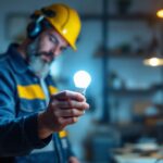 A photograph of a lighting contractor examining a bright