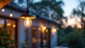 A photograph of a beautifully designed outdoor ceiling light fixture installed in a cozy outdoor setting