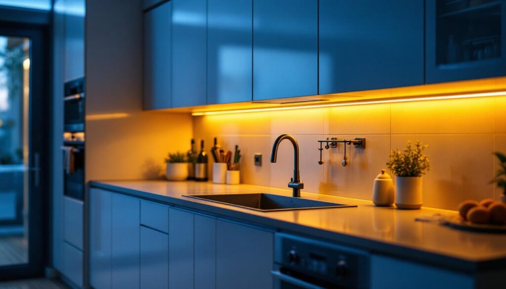 A photograph of a beautifully illuminated kitchen featuring sleek under cabinet lighting strips