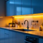 A photograph of a beautifully illuminated kitchen featuring sleek under cabinet lighting strips