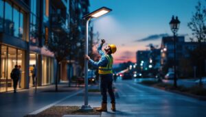A photograph of a solar lamppost illuminating a modern urban street at dusk