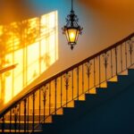 A photograph of a beautifully designed stairway featuring an elegant hanging light fixture