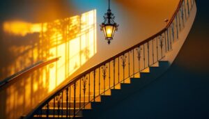 A photograph of a beautifully designed stairway featuring an elegant hanging light fixture