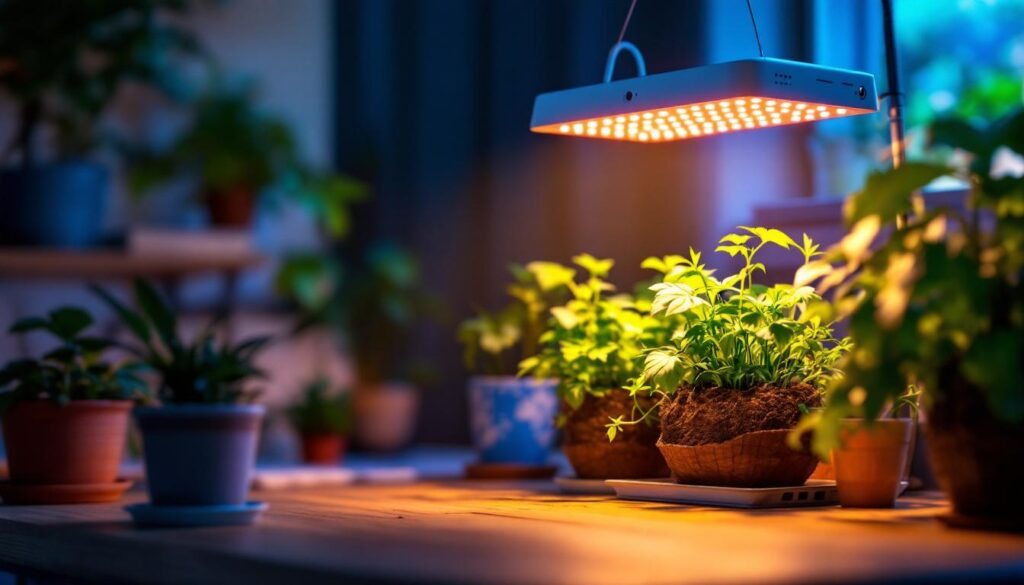 A photograph of a well-lit indoor gardening setup featuring a 1000 watt led grow lamp in action