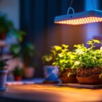 A photograph of a well-lit indoor gardening setup featuring a 1000 watt led grow lamp in action