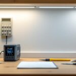 A photograph of a well-organized workspace featuring an under cabinet lighting transformer