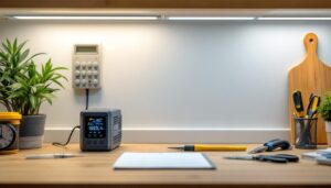A photograph of a well-organized workspace featuring an under cabinet lighting transformer