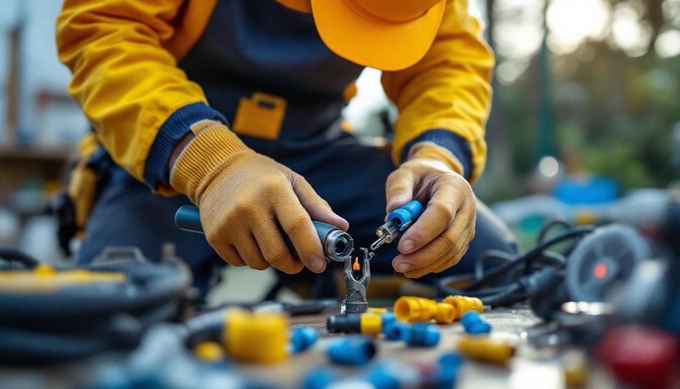 A photograph of a skilled lighting contractor expertly installing waterproof twist connectors in an outdoor setting