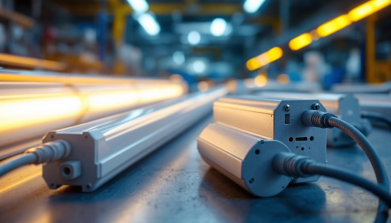 A photograph of a close-up shot of a fluorescent ballast alongside various lighting fixtures