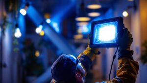 A photograph of a lighting contractor installing flood light leds in a commercial or residential setting