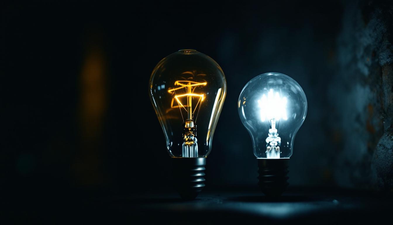 A photograph of a vintage light bulb alongside a modern led bulb
