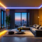 A photograph of a well-lit modern living space featuring stylish plug-in recessed lighting