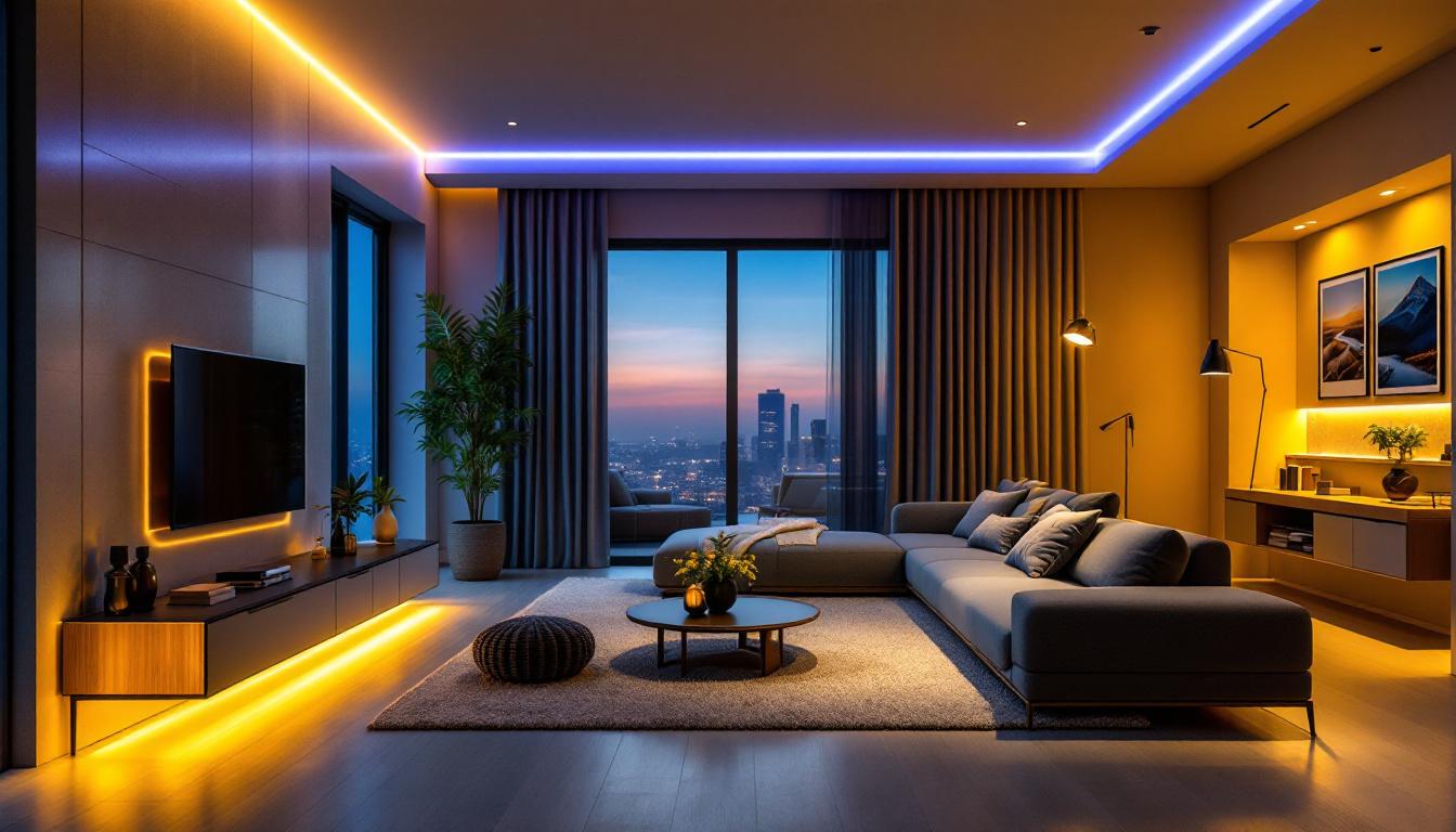 A photograph of a well-lit modern living space featuring stylish plug-in recessed lighting