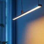 A photograph of a stylish pendant linear lighting installation in a modern interior setting