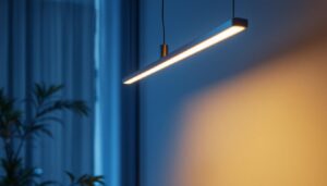 A photograph of a stylish pendant linear lighting installation in a modern interior setting