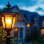 A photograph of a beautifully designed residential lamp post illuminated at dusk