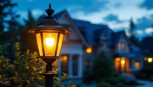 A photograph of a beautifully designed residential lamp post illuminated at dusk