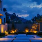 A photograph of a beautifully illuminated outdoor space featuring weatherproof lights