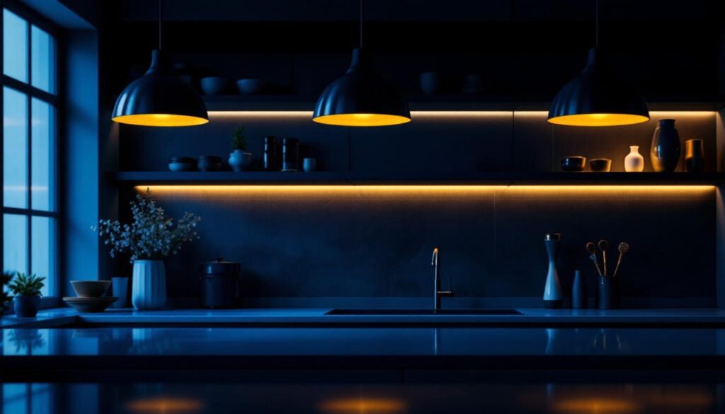 A photograph of a beautifully designed over-counter pendant light installation in a modern kitchen setting