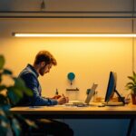 A photograph of a well-lit workspace featuring t8 fluorescent tubes in use