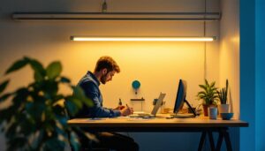 A photograph of a well-lit workspace featuring t8 fluorescent tubes in use