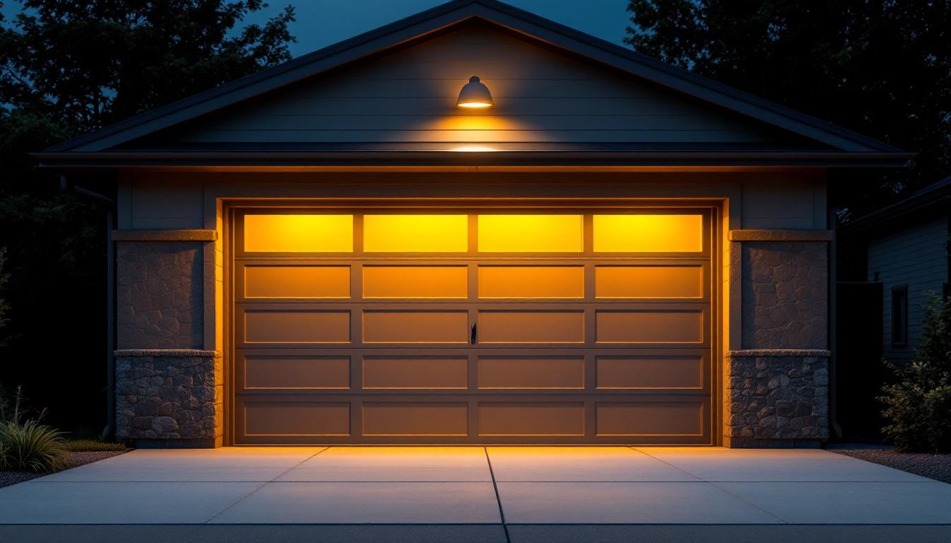 A photograph of a well-lit garage space featuring an elegant over garage light installation