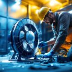 A photograph of a large industrial fan in a well-lit construction site environment