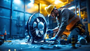 A photograph of a large industrial fan in a well-lit construction site environment