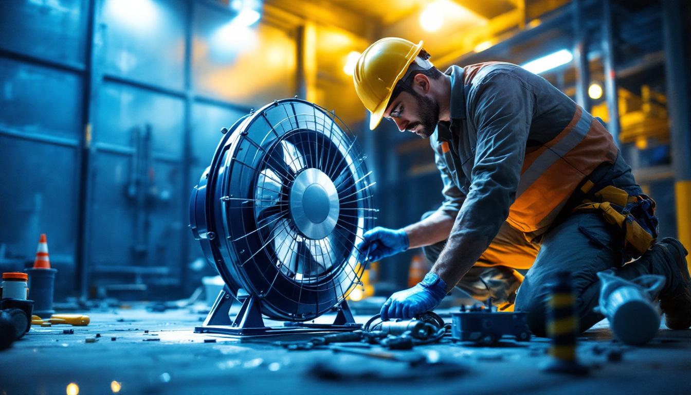 A photograph of a large industrial fan in a well-lit construction site environment