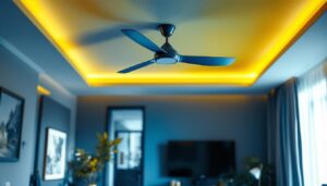 A photograph of a stylish and modern ceiling fan in a well-lit living space